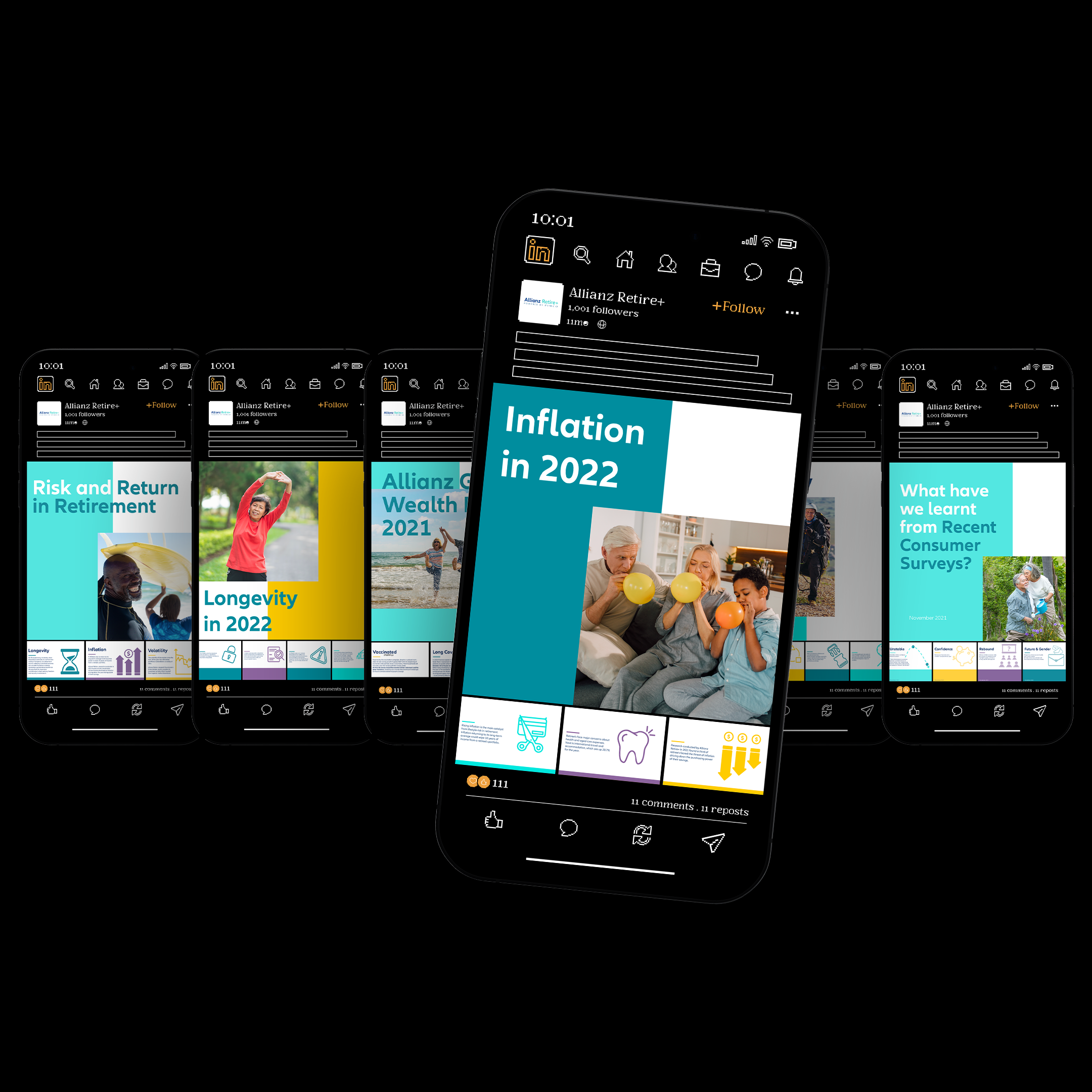 LinkedIn carousel suite · fanned phone hero