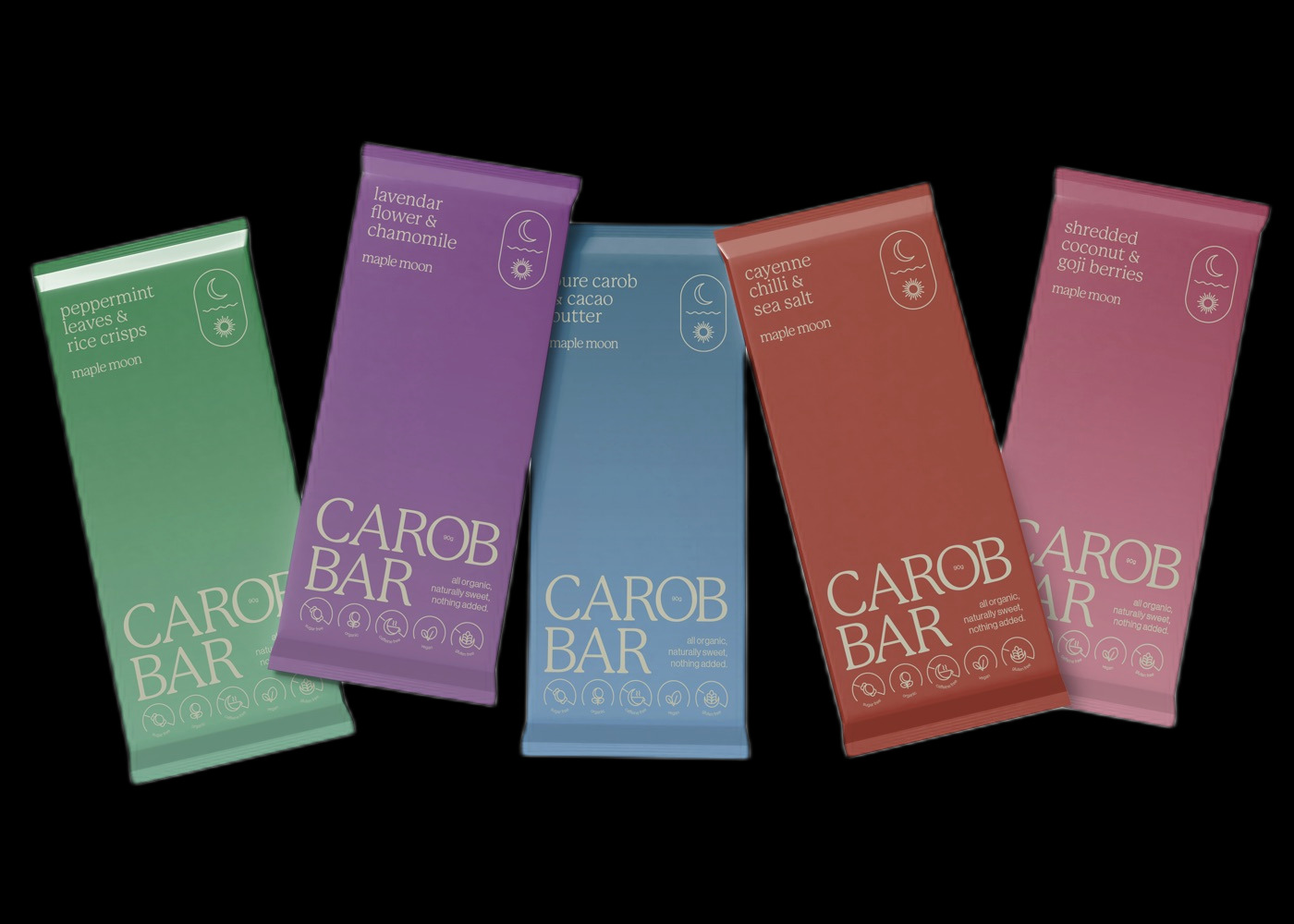 Carob Bar lineup · five flavours